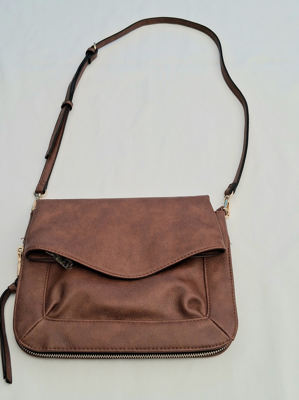 Moda Luxe Fold-Over Brown Faux Leather Crossbody Bag Purse